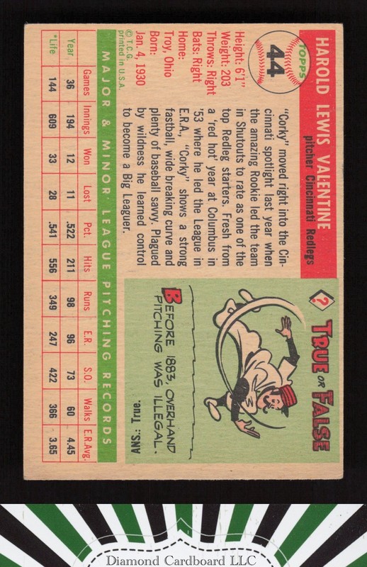 1955 Topps #44 Corky Valentine VGEX (MC) a, back