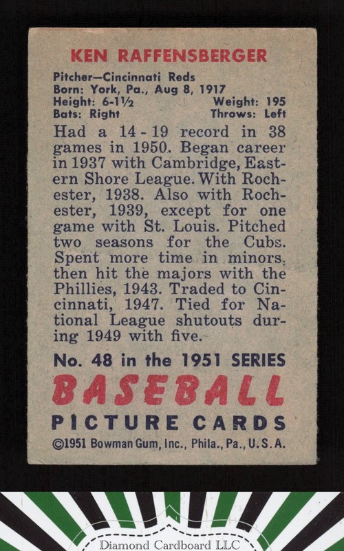 1951 Bowman #48 Ken Raffensberger VGEX, back