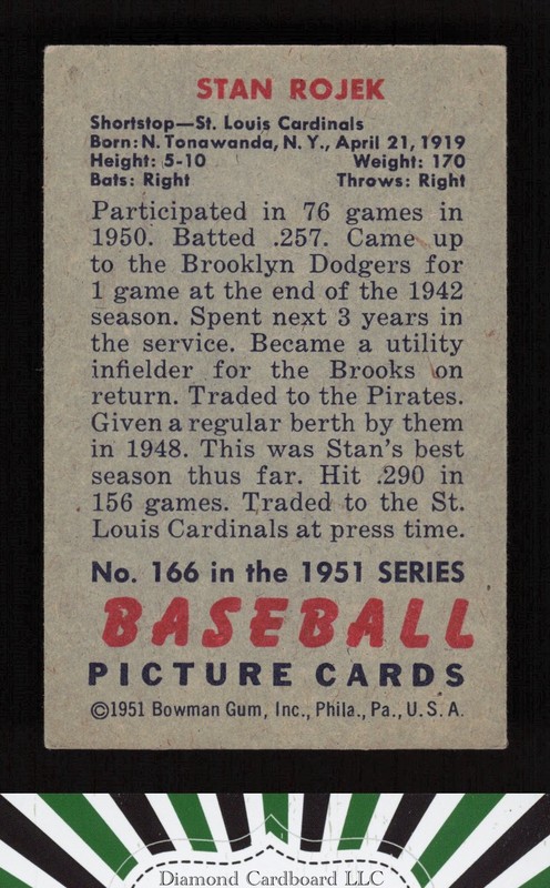 1951 Bowman #166 Stan Rojek VGEX+, back