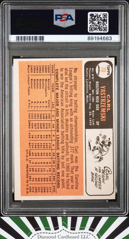 1966 Topps #70 Carl Yastrzemski PSA 5 AUTO 10  DNA, back
