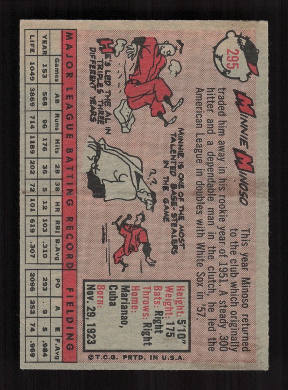 1958 Topps #295 Minnie Minoso NM [GREAT EYE APPEAL] l, back