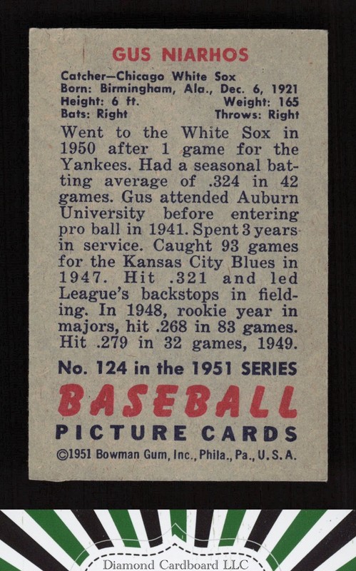1951 Bowman #124 Gus Niarhos VG+ [CENTERED], back