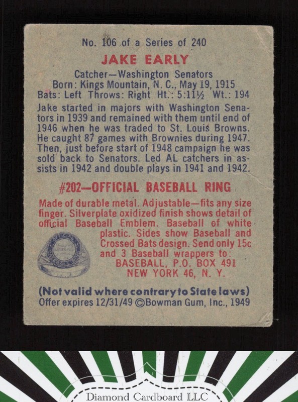 1949 Bowman #106 Jake Early VG a, back