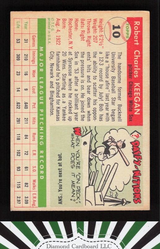 1955 Topps #10 Bob Keegan VG b, back