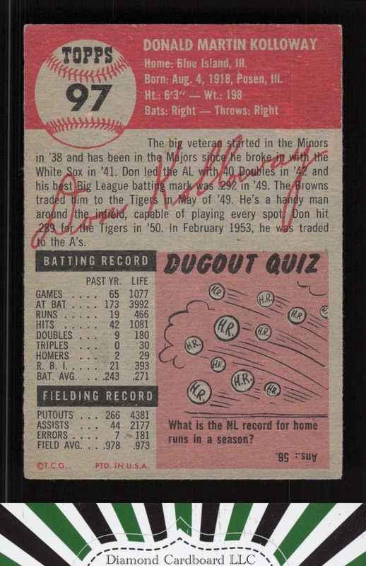 1953 Topps #97 Don Kolloway : Bio uses white text VGEX g, back
