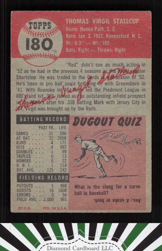1953 Topps #180 Virgil Stallcup GD+ c, back