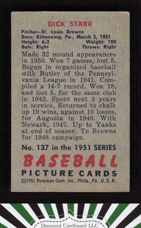 1951 Bowman #137 Dick Starr VGEX, back