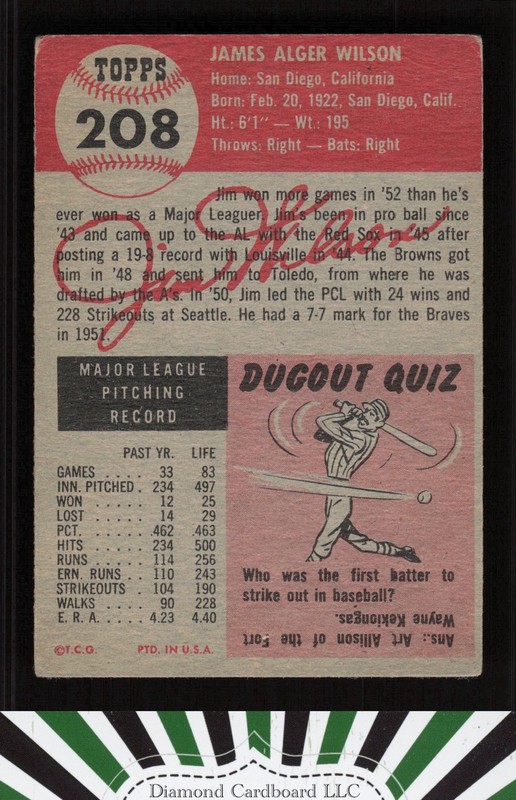 1953 Topps #208 Jim Wilson FR e, back