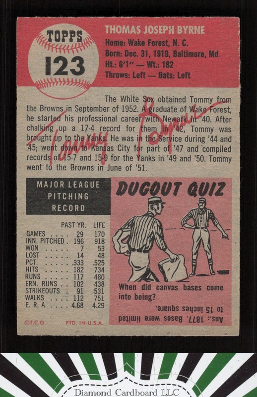 1953 Topps #123 Tommy Byrne : Bio uses black text EX e, back
