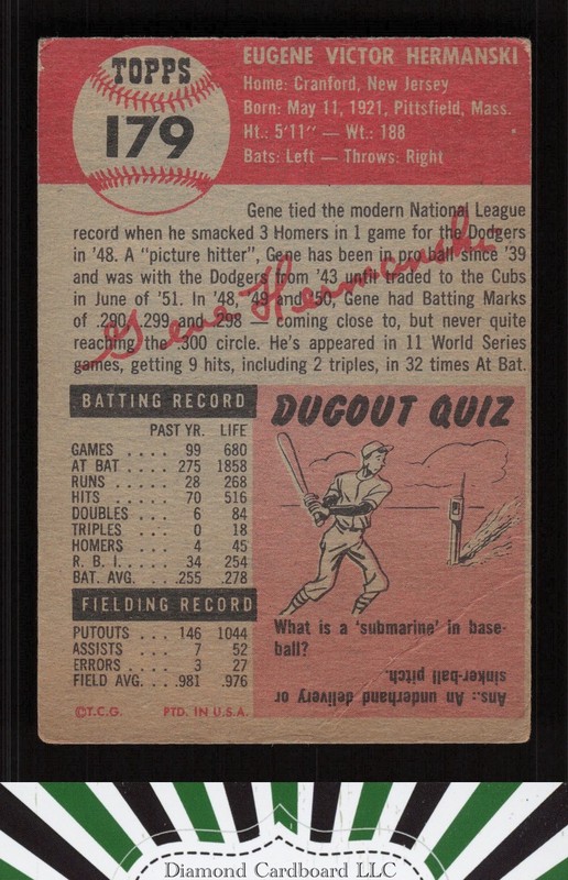 1953 Topps #179 Gene Hermanski GD b, back