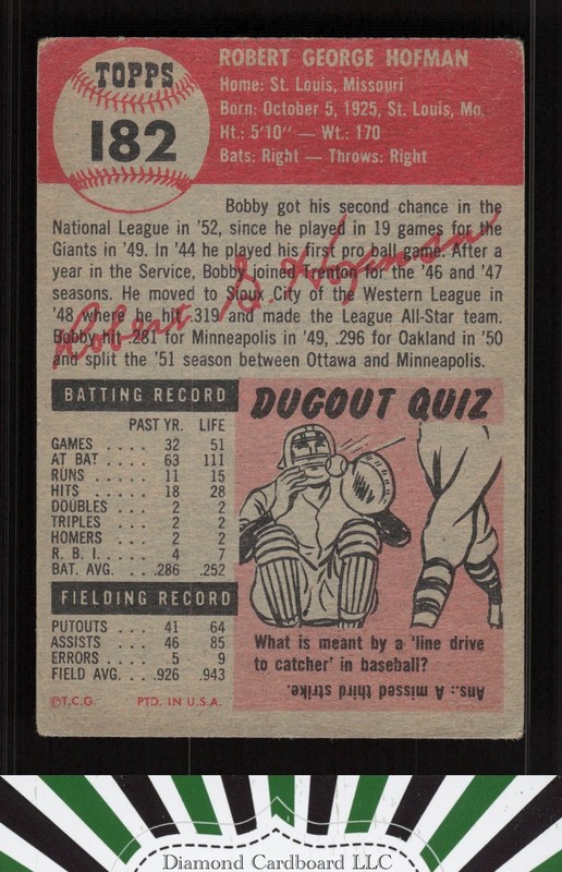 1953 Topps #182 Bobby Hofman GD c, back