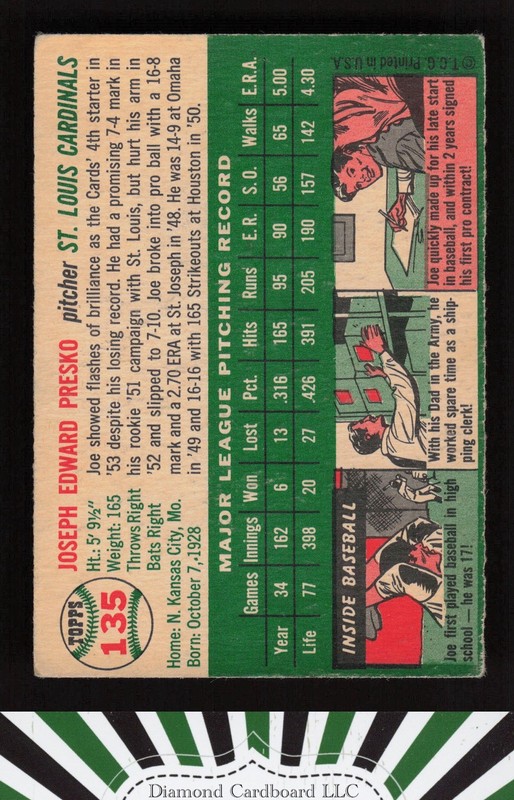 1954 Topps #135 Joe Presko VGEX l, back