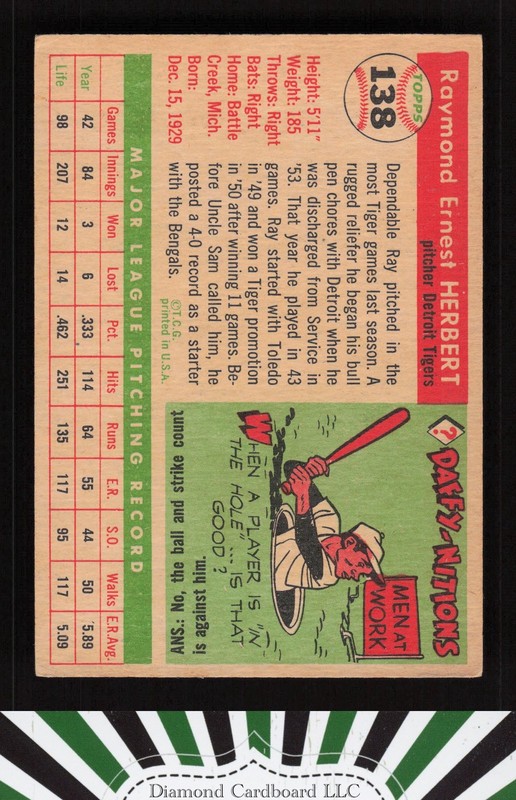 1955 Topps #138 Ray Herbert VGEX m, back