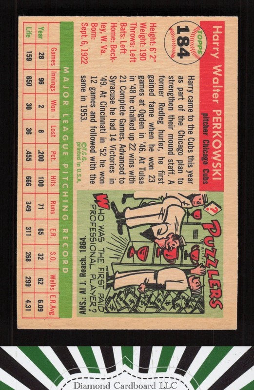 1955 Topps #184 Harry Perkowski VGEX l, back