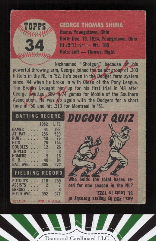 1953 Topps #34 George Shuba GD a, back