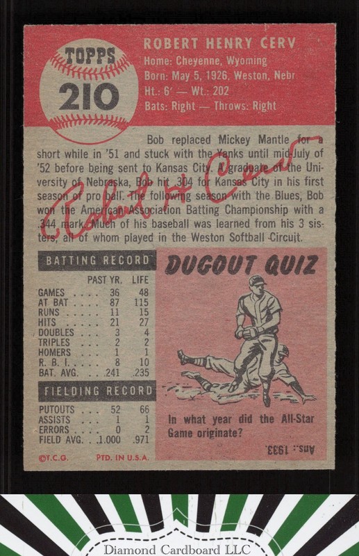 1953 Topps #210 Bob Cerv EX h, back