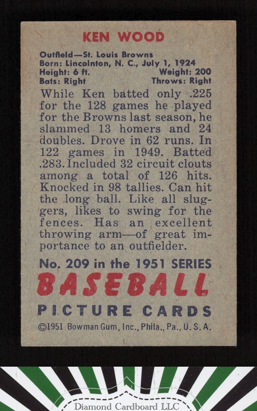 1951 Bowman #209 Ken Wood EX, back