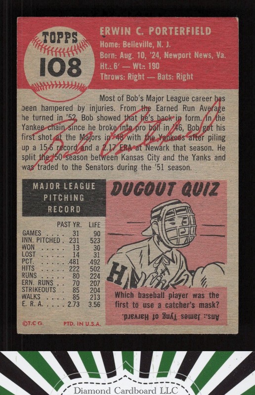 1953 Topps #108 Bob Porterfield : Bio uses black text VGEX h, back
