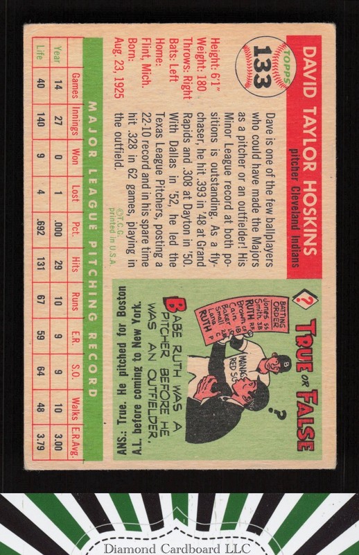 1955 Topps #133 Dave Hoskins VG b, back