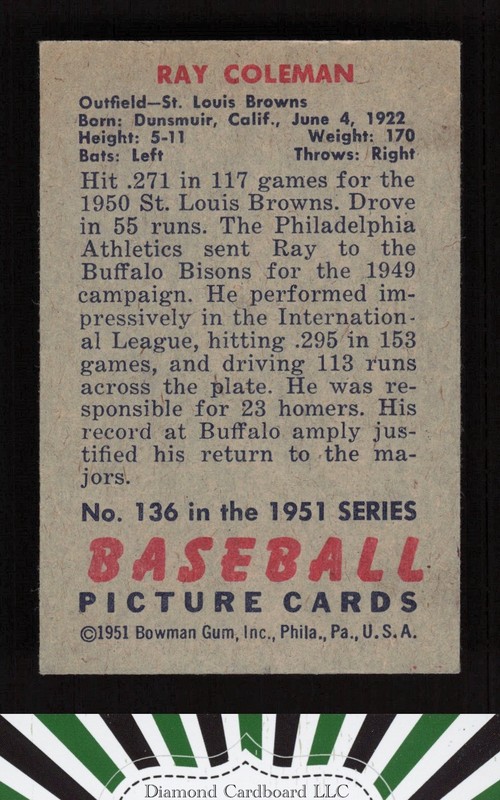 1951 Bowman #136 Ray Coleman VGEX+, back