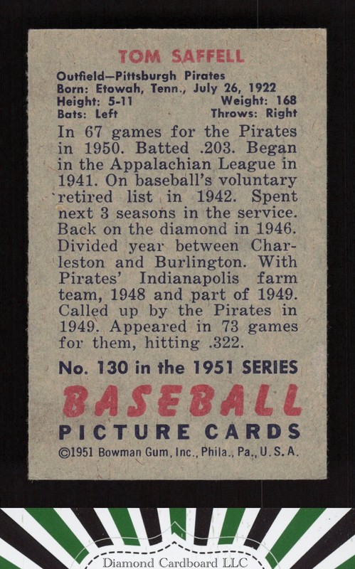 1951 Bowman #130 Tom Saffell VGEX+ [DEAD CENTERED], back