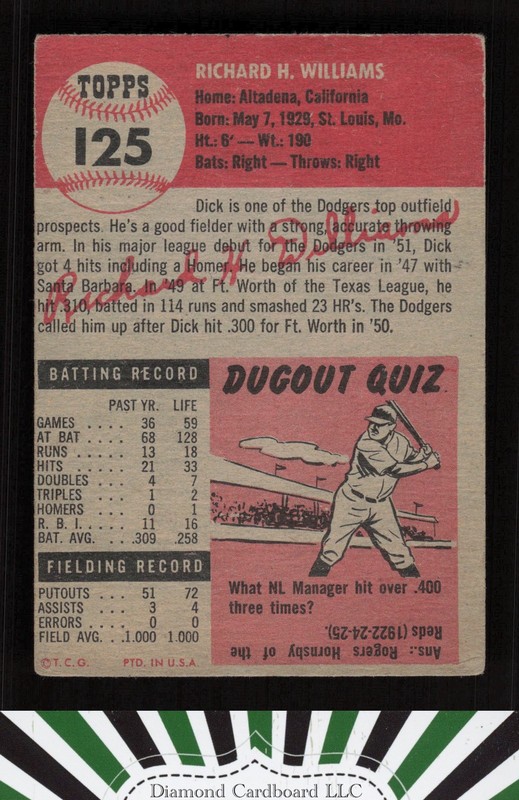 1953 Topps #125 Dick Williams : Bio uses black text FR d, back