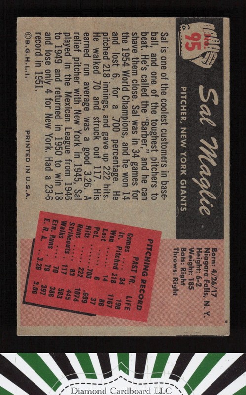 1955 Bowman #95 Sal Maglie VGEX, back