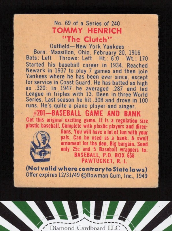1949 Bowman #69 Tommy Henrich VG a, back