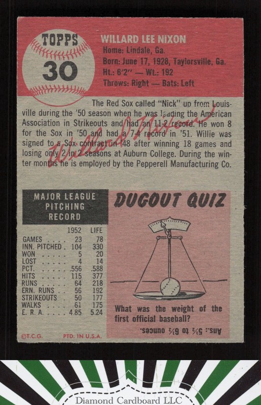1953 Topps #30 Willard Nixon VGEX d, back