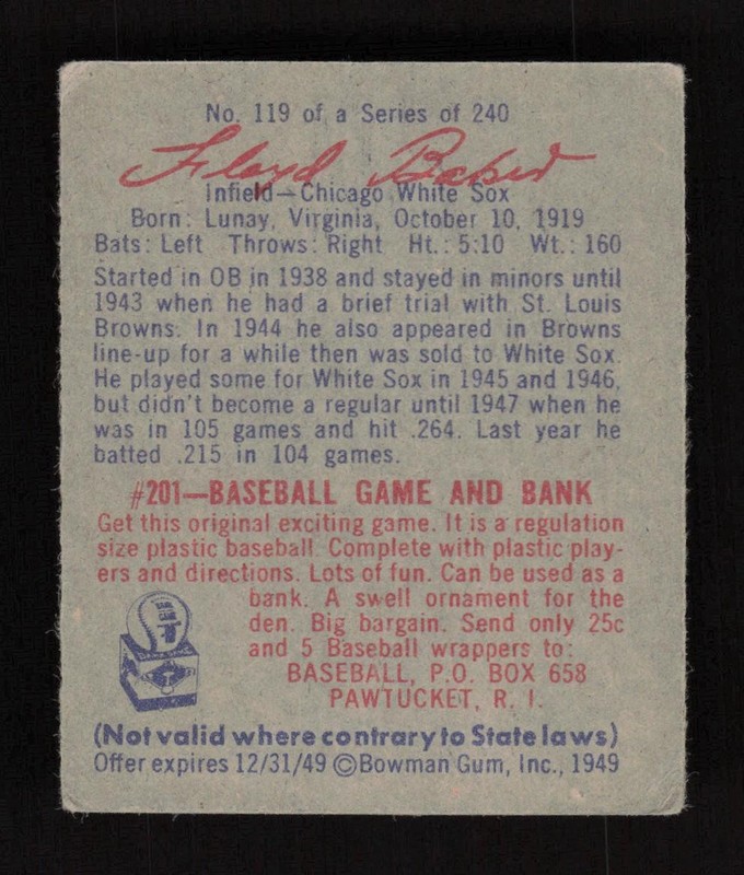 1949 Bowman #119 Floyd Baker GD, back
