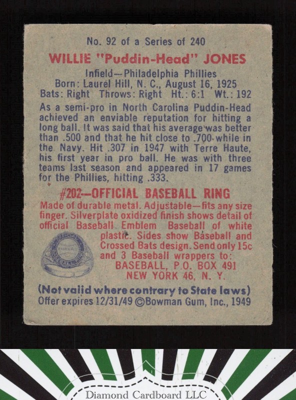 1949 Bowman #92 Willie "Puddin-Head" Jones VGEX [NICELY CENTERED] a, back