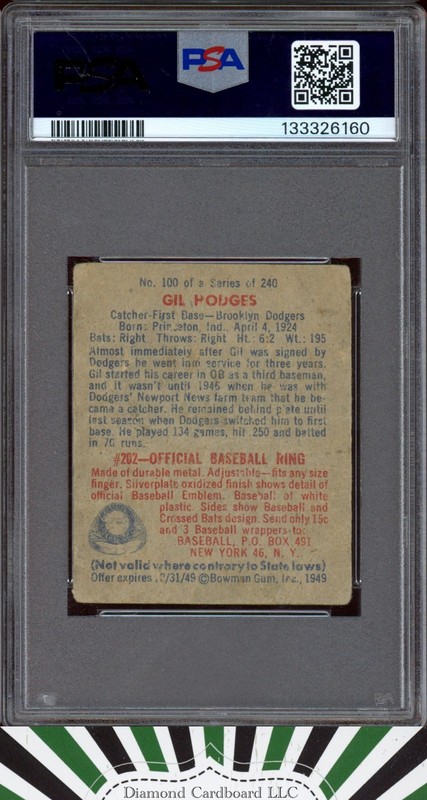 1949 Bowman #100 Gil Hodges PSA 1 RC  HOF ROOKIE, back