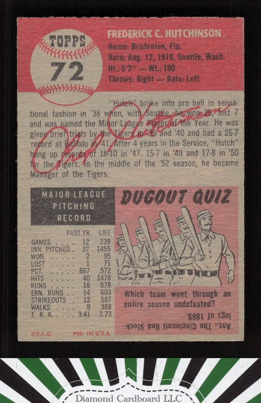 1953 Topps #72 Fred Hutchinson EX+ [GOOD EYE APPEAL] h, back