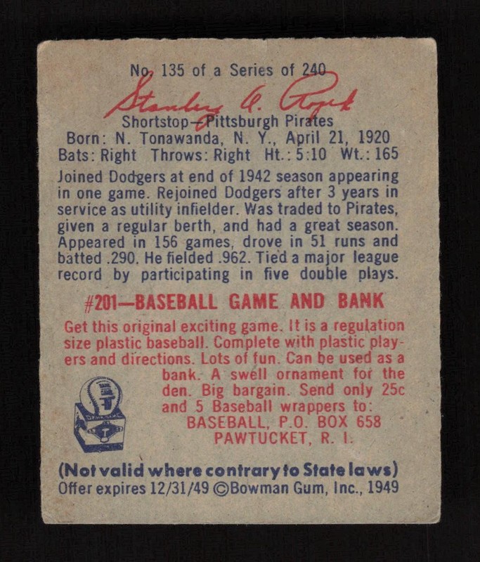 1949 Bowman #135 Stan "Happy Rabbit" Rojek VGEX, back