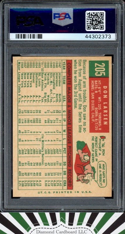 1959 Topps #205 Don Larsen PSA 8 White Back [SHARP & STUNNING], back