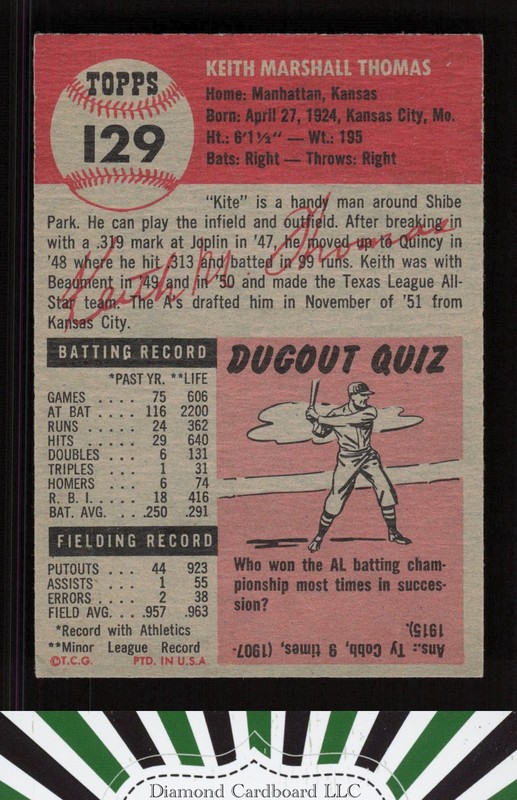1953 Topps #129 Keith Thomas : Bio uses black text VGEX h, back