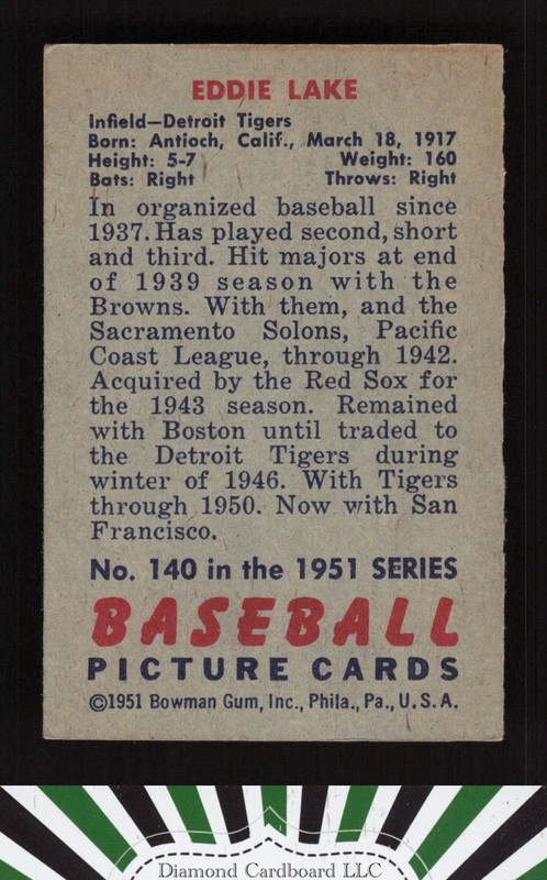 1951 Bowman #140 Eddie Lake VG, back