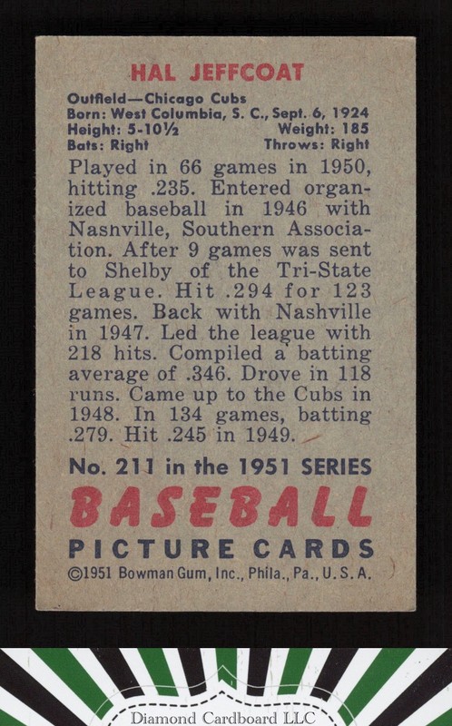 1951 Bowman #211 Hal Jeffcoat EXMT, back