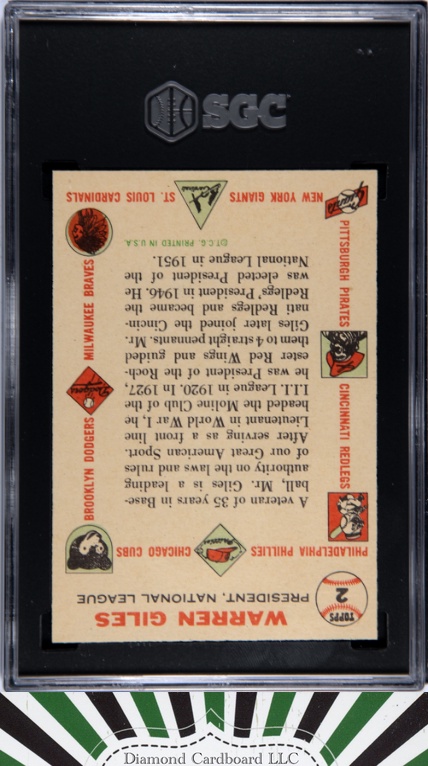 1956 Topps #2 Warren Giles SGC 8 White Back, back