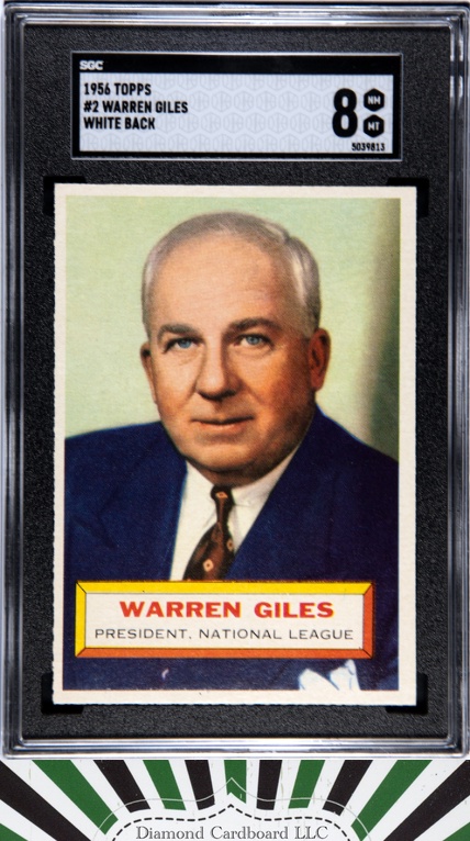 1956 Topps #2 Warren Giles SGC 8 White Back, front