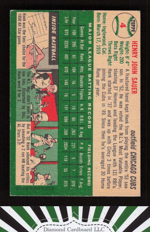 1954 Topps #4 Hank Sauer EX j, back