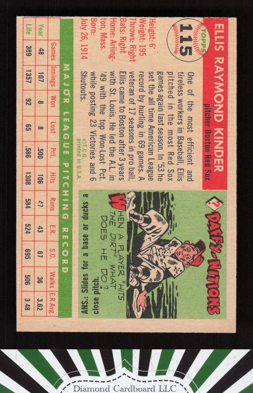 1955 Topps #115 Ellis Kinder EX f, back