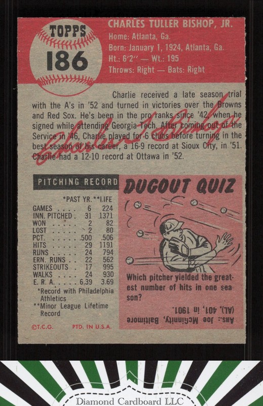 1953 Topps #186 Charlie Bishop EX c, back