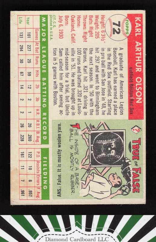 1955 Topps #72 Karl Olson VG k, back
