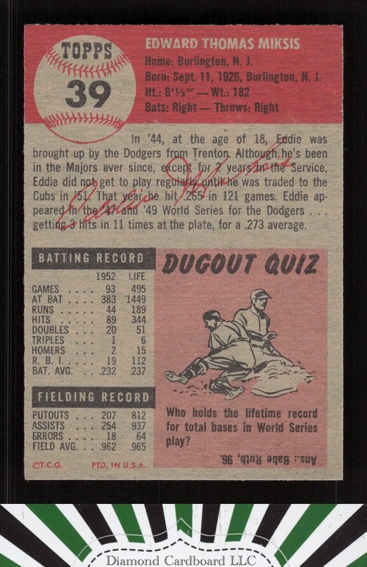 1953 Topps #39 Eddie Miksis VG [HIGH EYE APPEAL, BUT INDENTED] b, back