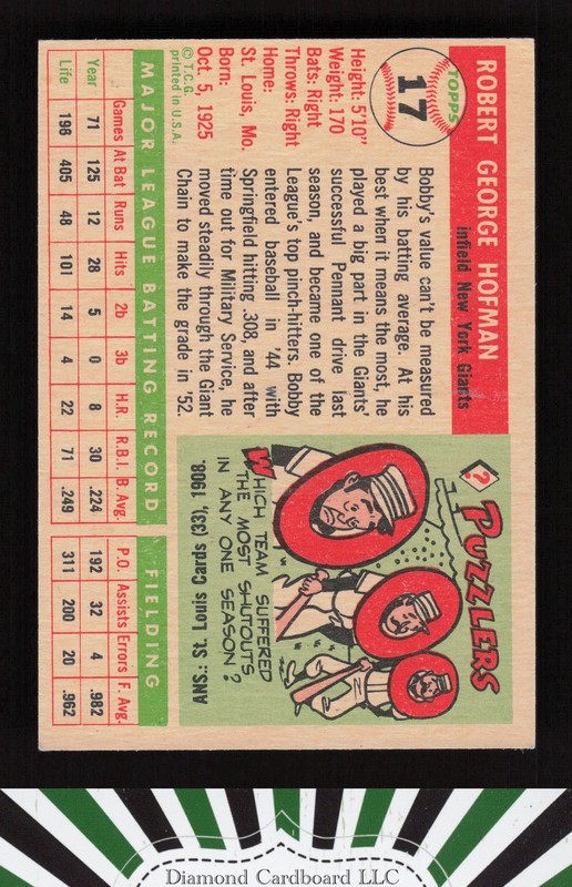 1955 Topps #17 Bobby Hofman EX h, back