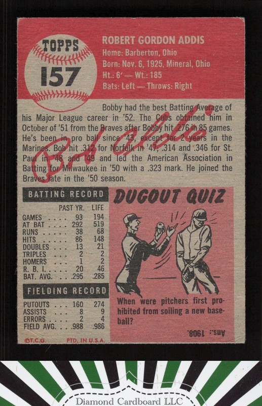 1953 Topps #157 Bob Addis : Bio uses white text GD+ d, back