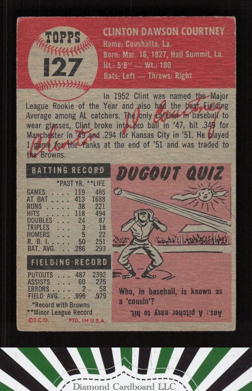 1953 Topps #127 Clint Courtney : Bio uses white text VGEX c, back