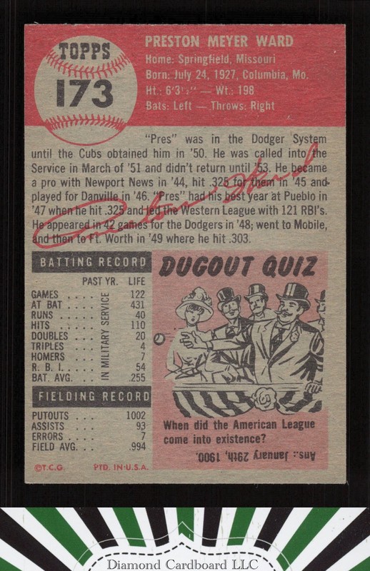 1953 Topps #173 Preston Ward EX f, back
