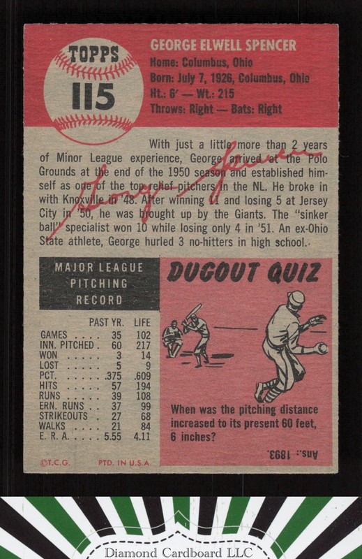 1953 Topps #115 George Spencer : bio uses black text VGEX d, back